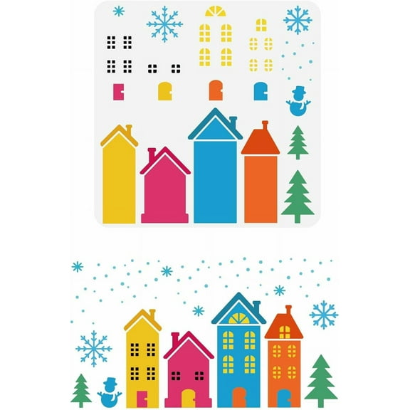 Layered House Painting Stencil 11.8x11.8inch Reusable Winter Pattern With Snowflake Snowman Christmas Tree - Plastic