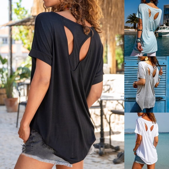 SXCXLSA Women Open Back Athletic TShirt Summer Short Sleeve Workout Tops Casual Solid Color Loose Fit Gym Tee Moisture Wicking Backless Activewear Performance Training Shirt