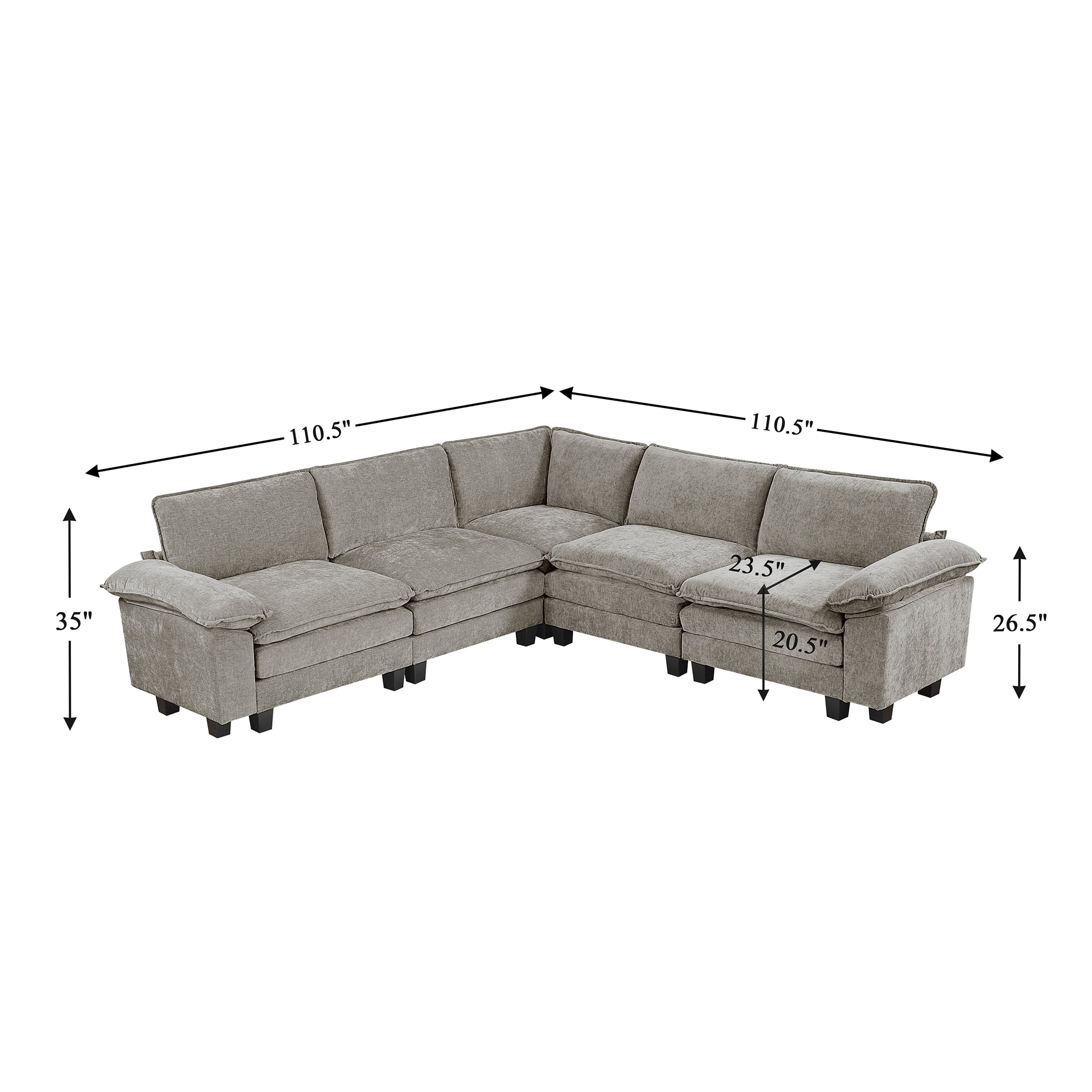 OakvillePark Corvan Chenille 5-Piece L-Shaped Modular Sectional, Dark Pewter