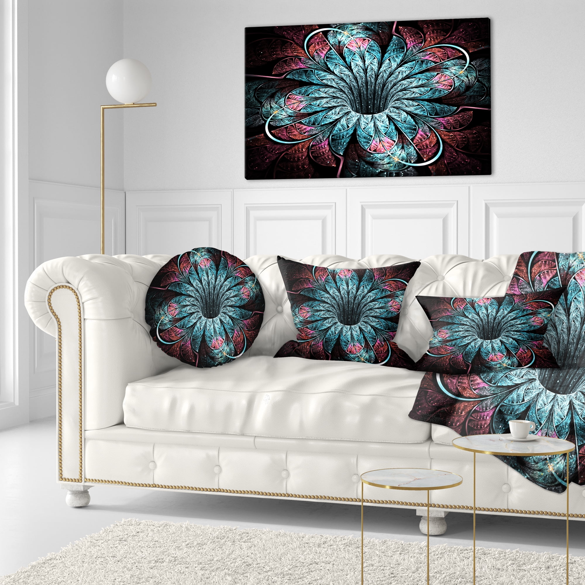 Designart Glittering Dark Fractal Flower Digital Art - Floral Throw Pillow - 12x20