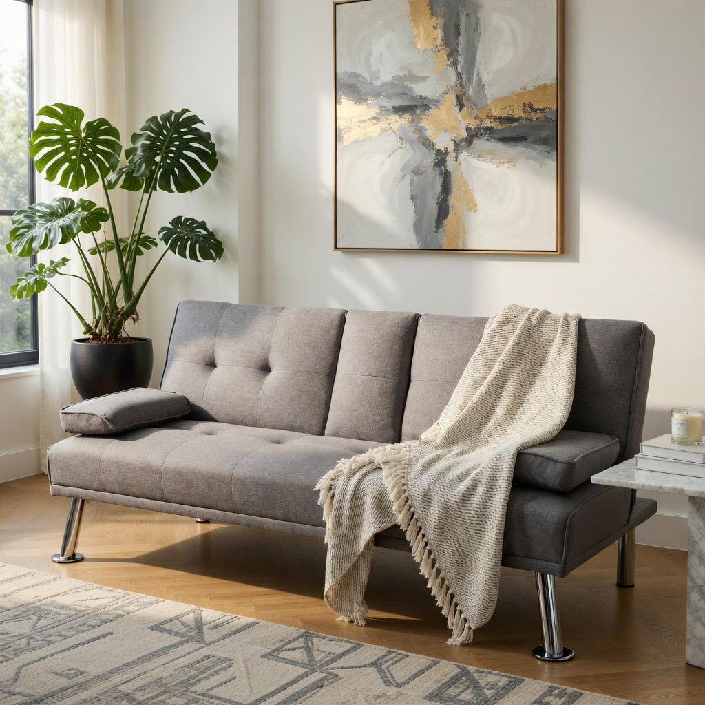 Hommoo Convertible Futon Sofa Bed with 2 Cup Holders – Light Gray Linen Fabric, 3-Position Reclining Foldable Sleeper for Small Spaces