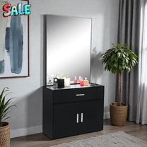 Tcbosik Wall Mount Hair Styling Station with Mirror, Salon Cabinet with 2 Doors & 1 Drawer, 2 Zinc Alloy Tool Rings, Black Professional Salon Organizer for Barbers & Beauty Studios