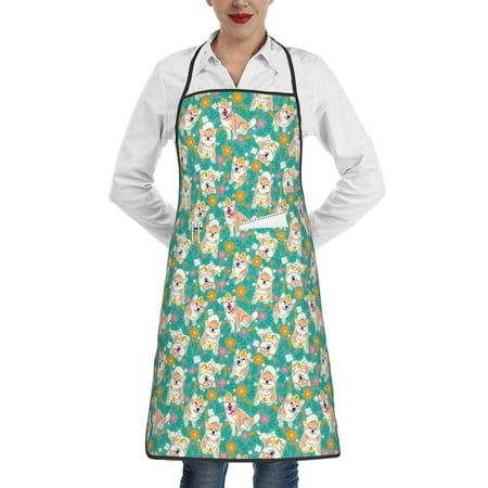 

Easygdp SHIBA WITH FLORAL Apron Waterdrop Resistant with 2 Pockets Oil Resistant Cooking Kitchen Chef Apron for Women Men
