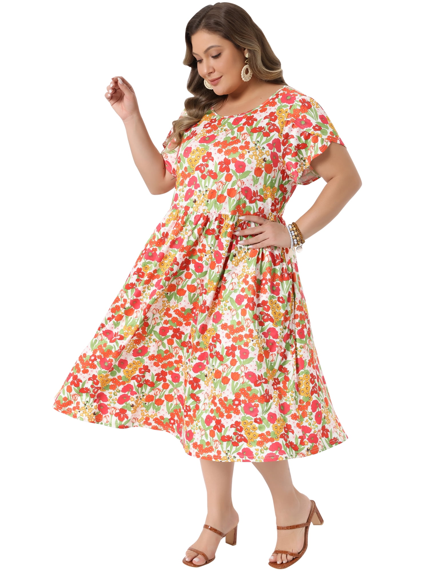 DARING DIVA Women's Plus Floral Print Crew Neck Tulip Midi Dress 3X White Red