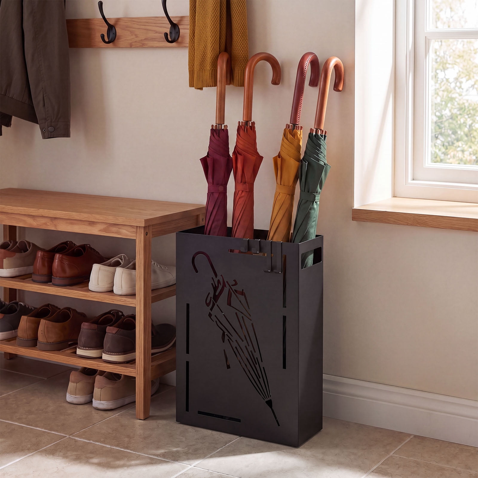 Costway Metal Umbrella Stand with Removable Drip Tray and 4 Hanging Hooks,Cutout Design