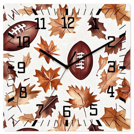 Fall Maple Leaf Football Wooden Wall Clock Silent Non Ticking, Autumn Farmhouse Vintage Square Wall Clocks Battery Operated, Decor Clock for Home Office, Living Room, Kitchen, 12 Inch
