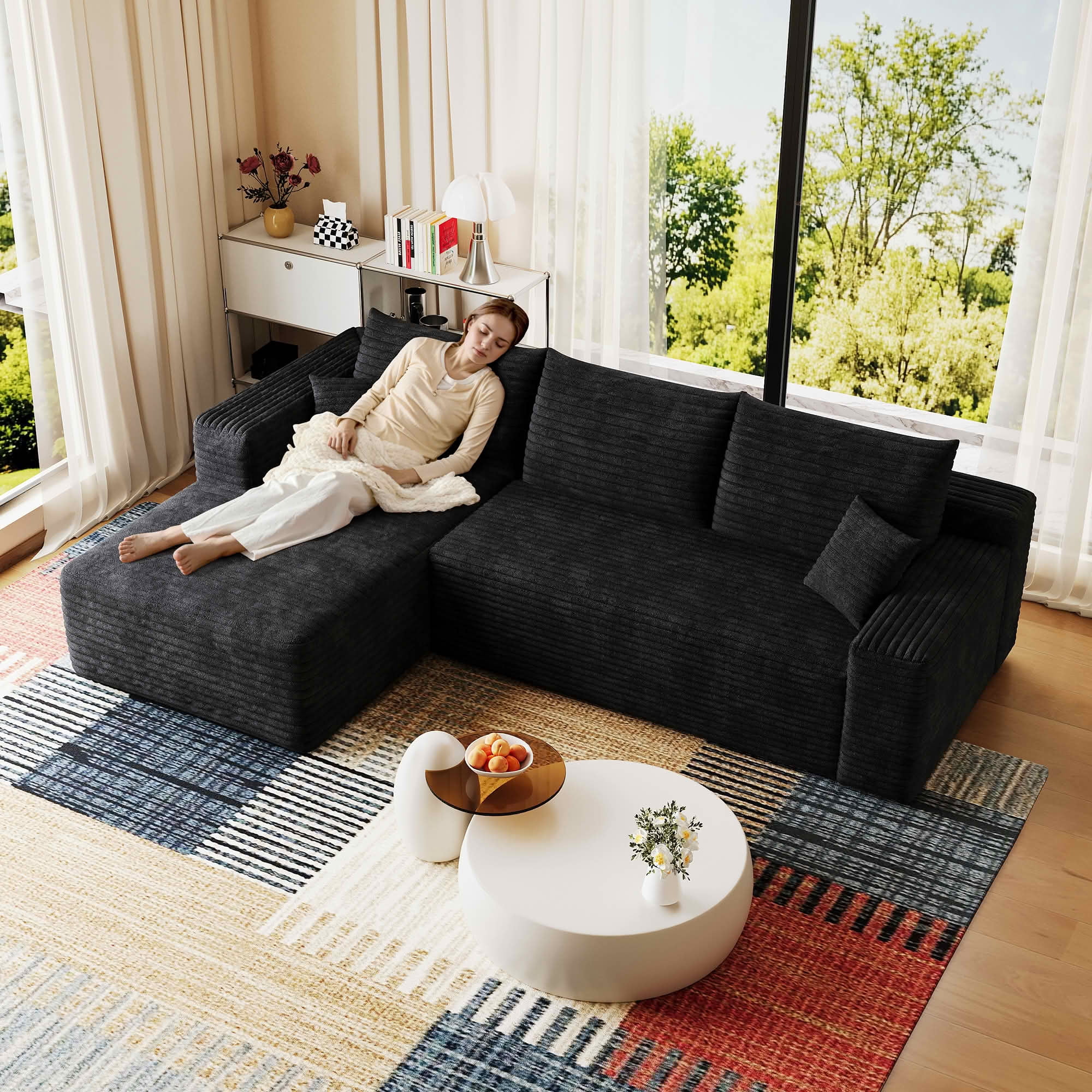 MAYEERTY 95" Corduroy L-Shaped Sectional Sofa, Modern Minimalist Deep Seat Corner Couch with Chaise, No Assembly Leisure Sofa for Home