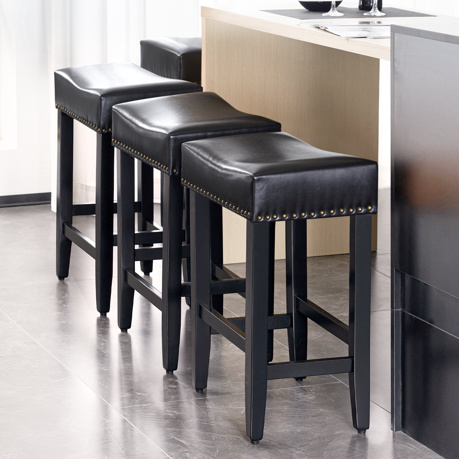 Furniliving 26" Backless Counter Stool Set of 4, Counter Height Bar Stools PU Saddle Stool, Black