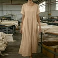 thumbnail image 5 of Horkkom Linen Dress Women Summer Short Sleeve Maxi Dress Casual Loose Flowy Pleated Dresses Crew Neck Solid Color Long Dresses L, 5 of 6