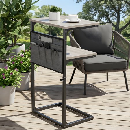 C Shaped Side Table with Storage - Height Adjustable Sofa Table - Rustic Greige