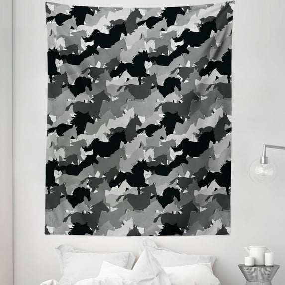 Horses Tapestry, Mustang Herd Galloping Together Animal Silhouettes Wildlife Abstract, Fabric Wall Hanging Decor for Bedroom Living Room Dorm, 5 Sizes, Charcoal Grey Grey Black, by Ambesonne