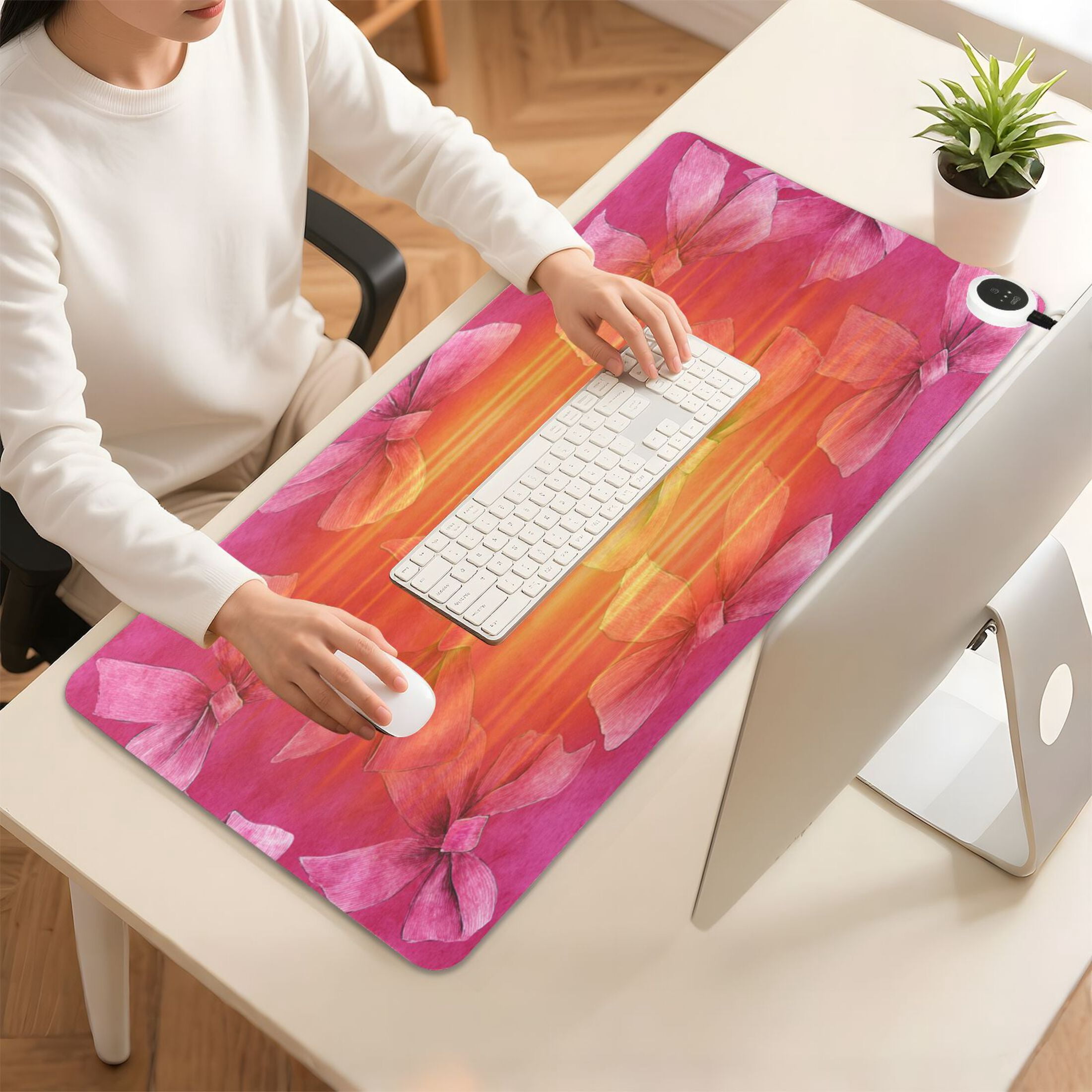 Large Heated Desk Mat Mouse Pad 31.5"x13"PU Leather Graphene Heating Desk Warmer with 3 Temperature Settings 110V US Plug Non-Slip Warm Pad for Home, Office, and Gaming Watercolor Beautiful Pink Bows
