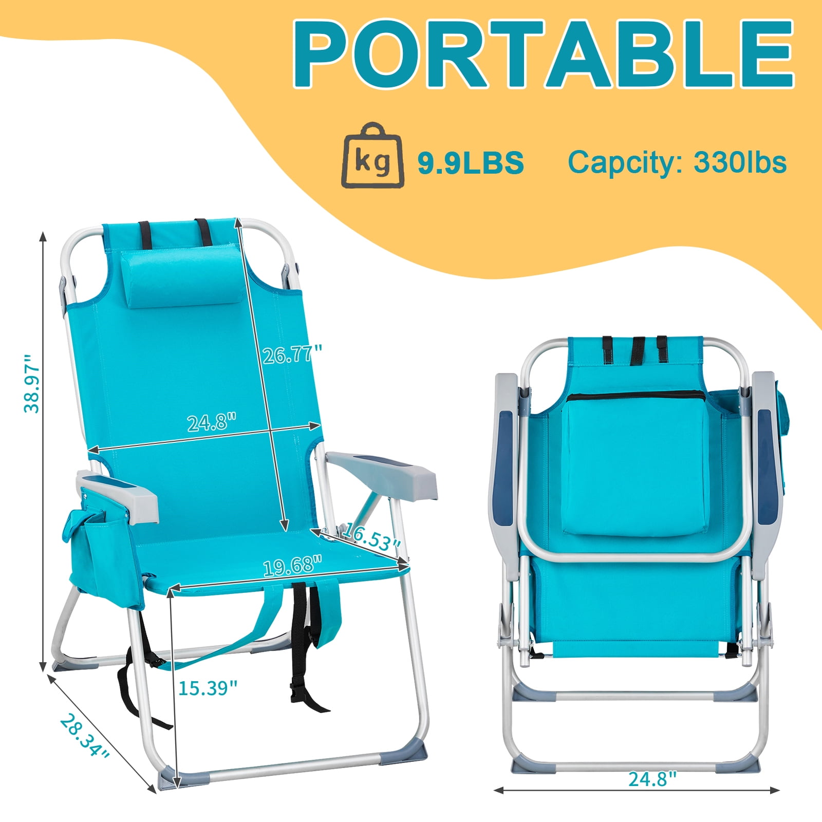 5-Position Adjustable Beach Lounge Chair with Cooler Cup Holder Storage Pockets, 600D Oxford Aluminum Frame Foldable Portable Backpack Beach Chair Holds 330 LBS