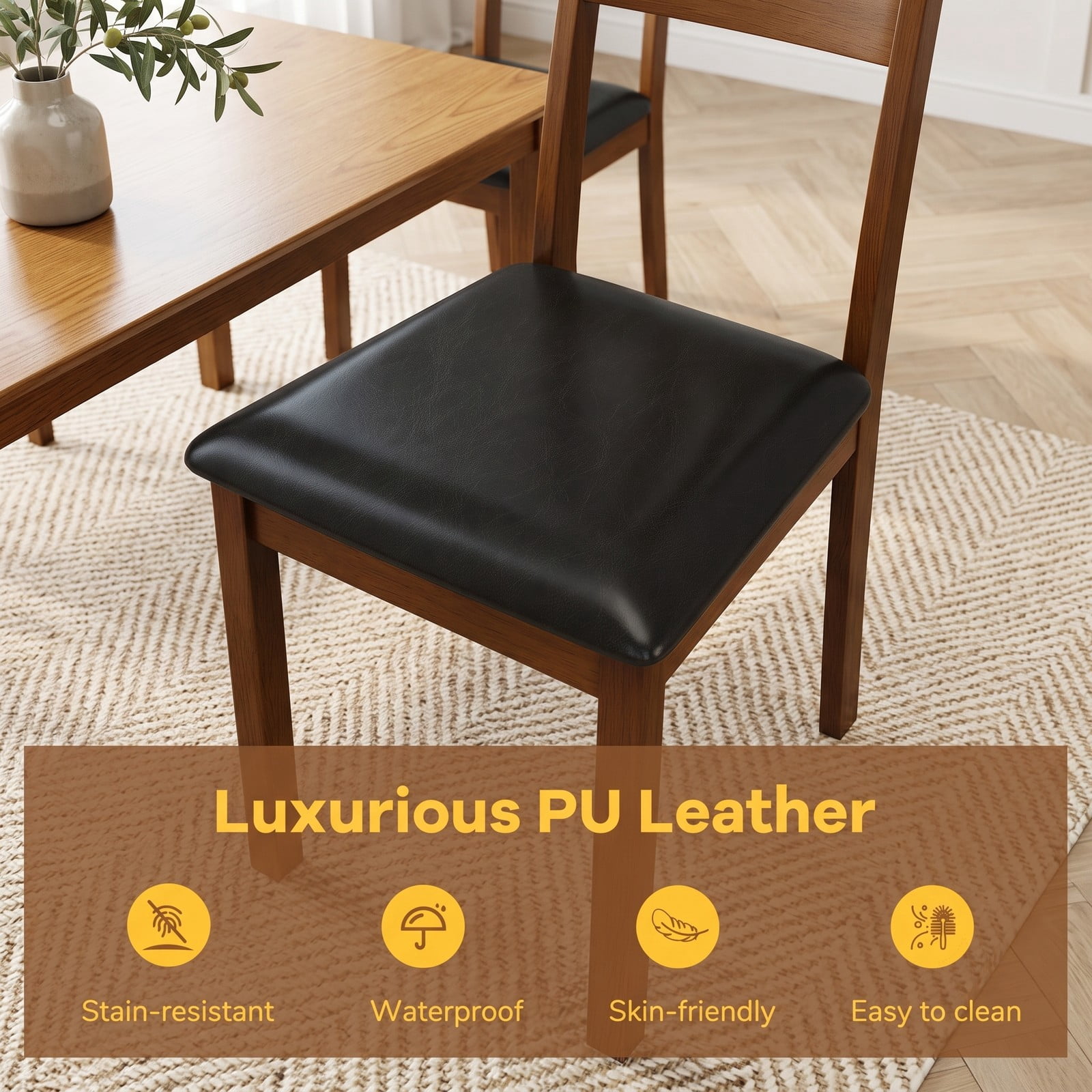 Furnibear Wooden Dining Chair Set of 2, PU Leather Upholstered Kitchen Side Chairs with Rubber Wood Frame, V-Shaped Backrest, Padded Seat for Home Restaurant, Brown