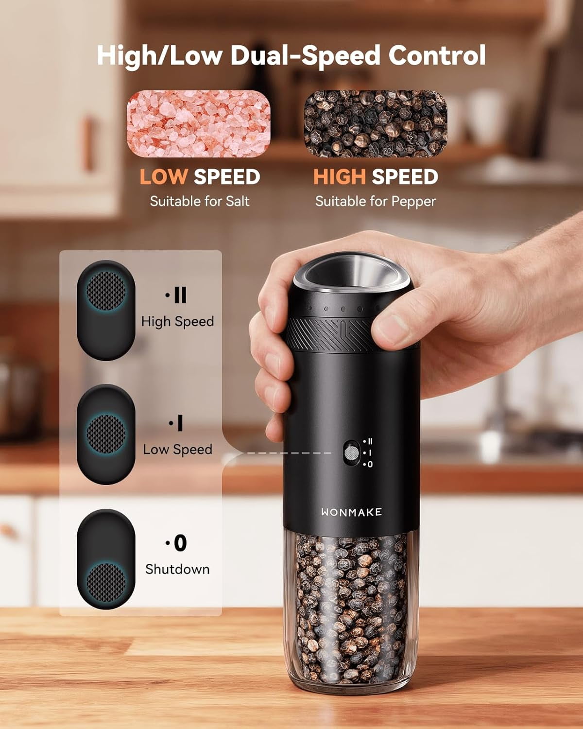 WONMAKE Gravity Electric Salt and Pepper Grinder Set with Charging Base, rechargeable salt  grinder