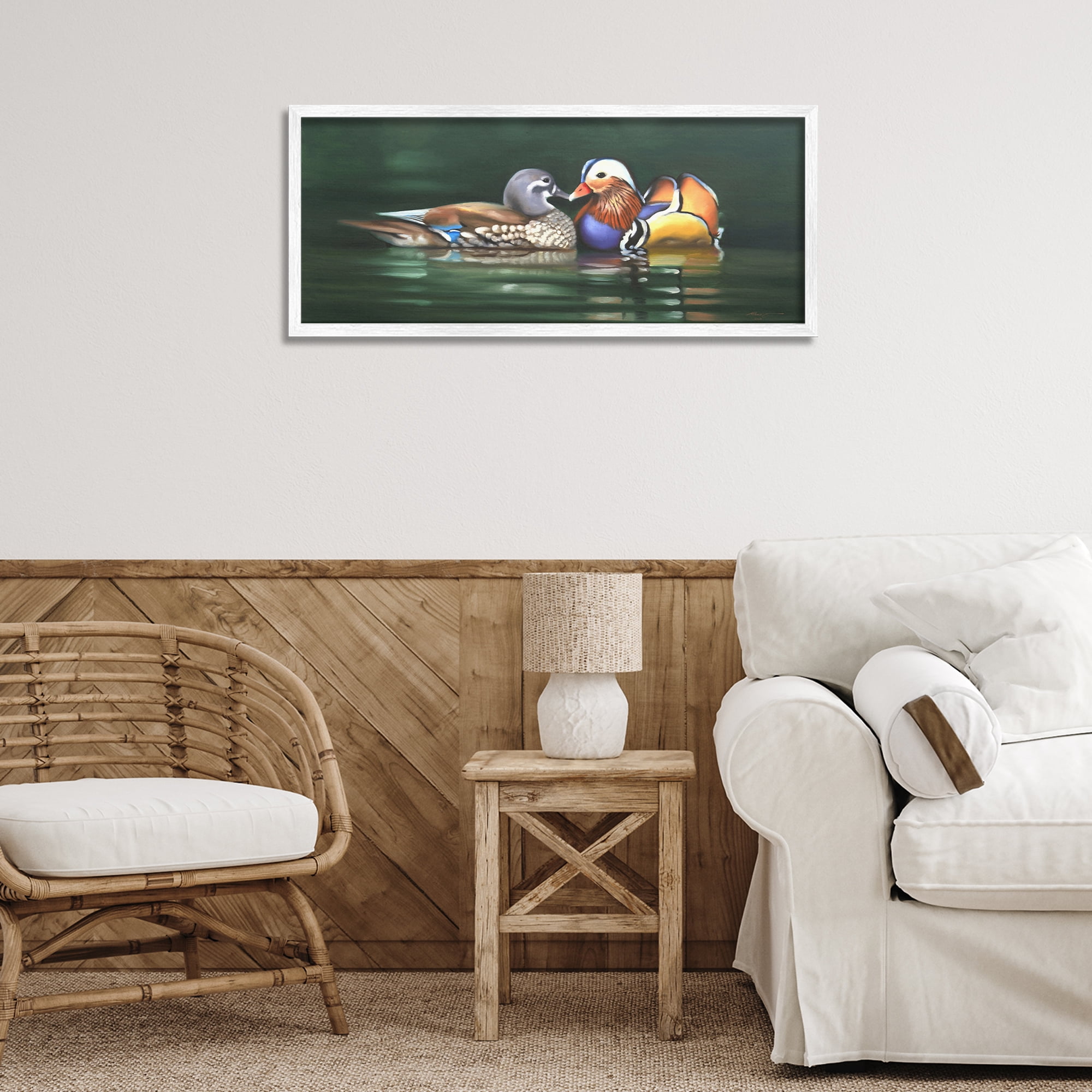 Stupell Industries Patterned Birds in Lake Animals & Insects Painting White Framed Art Print Wall Art, 30 x 13