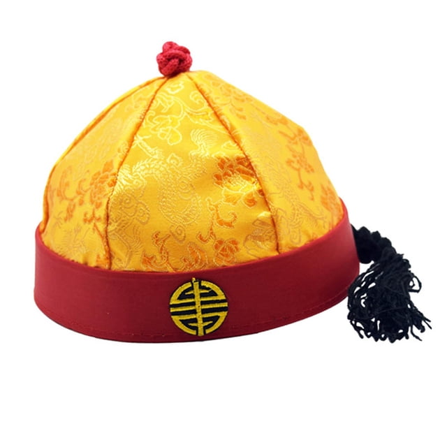 Sombrero de príncipe heredero, sombrero de emperador Qing, sombrero Oriental chino de satén, sombrero de propietario para fotografía, Fiesta Temática, Amarillo Rojo 54cm