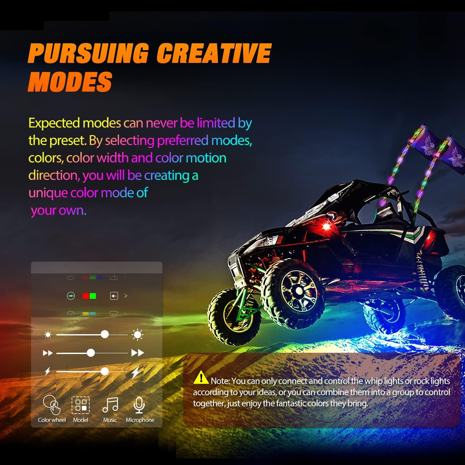 Nilight 2PCS 4FT RGB LED Whip Light and 4 PCS Rock Lights Combo, Remote & App Control w/DIY Chasing Patterns Stop Turn Reverse Safety Antenna Lighted Whips for ATV UTV