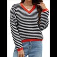 thumbnail image 1 of Suéter de Rayas de Larga para Mujer, Cuello en V, Bloque de Color, Punto Suave, Jersey de Moda y Negro XL, 1 of 10