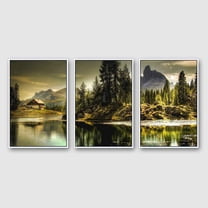 IDEA4WALL Framed Wall Art Print Set Green Forest & River with Farm Cottage Nature Wilderness Photography Realism Rustic Scenic Colorful Ultra for Living Room, Bedroom, Office - 16"x24"x3 White