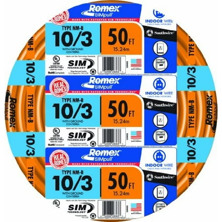 southwire 63948422 50' 10/3 with ground romex brand simpull residential indoor electrical wire type nm-b, orange