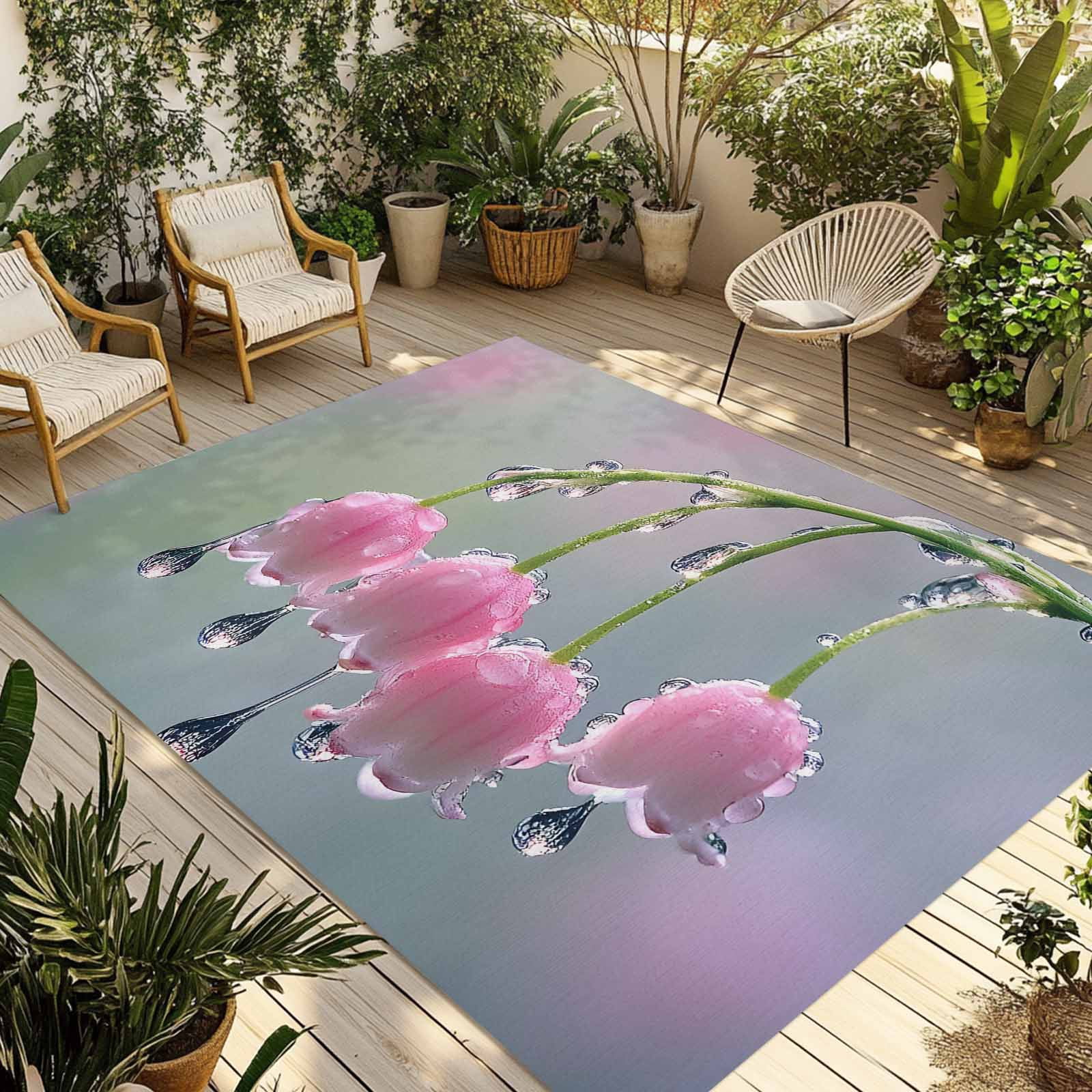 Outdoor Rug 5x8ft Lily Of The Valley Large Area Rug Pink Flower Indoor Outdoor Carpet Outdoor Rugs Mats for Patio Camping,RV,Front Door, Outside Decor