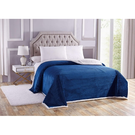LushElegance Ultra Plush King Size Reversible Sherpa Corduroy Blanket (108" x 90") - Navy