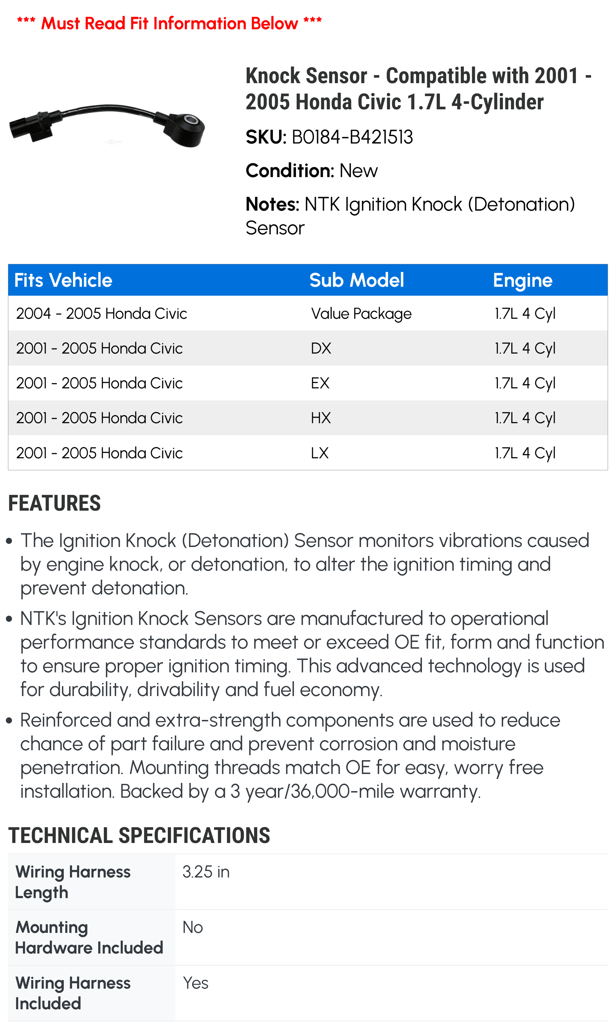 Knock Sensor - Compatible with 2001 - 2005 Honda Civic 1.7L 4-Cylinder 2002 2003 2004