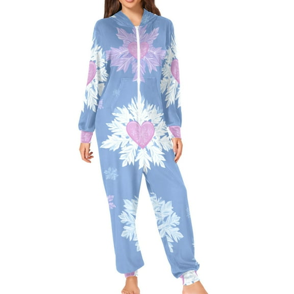 Christmas Hearts Inside Snowflakes Adult's Hoodie Onesie Jumpsuit One-Piece Pajamas with Zipper Unisex for Holiday S
