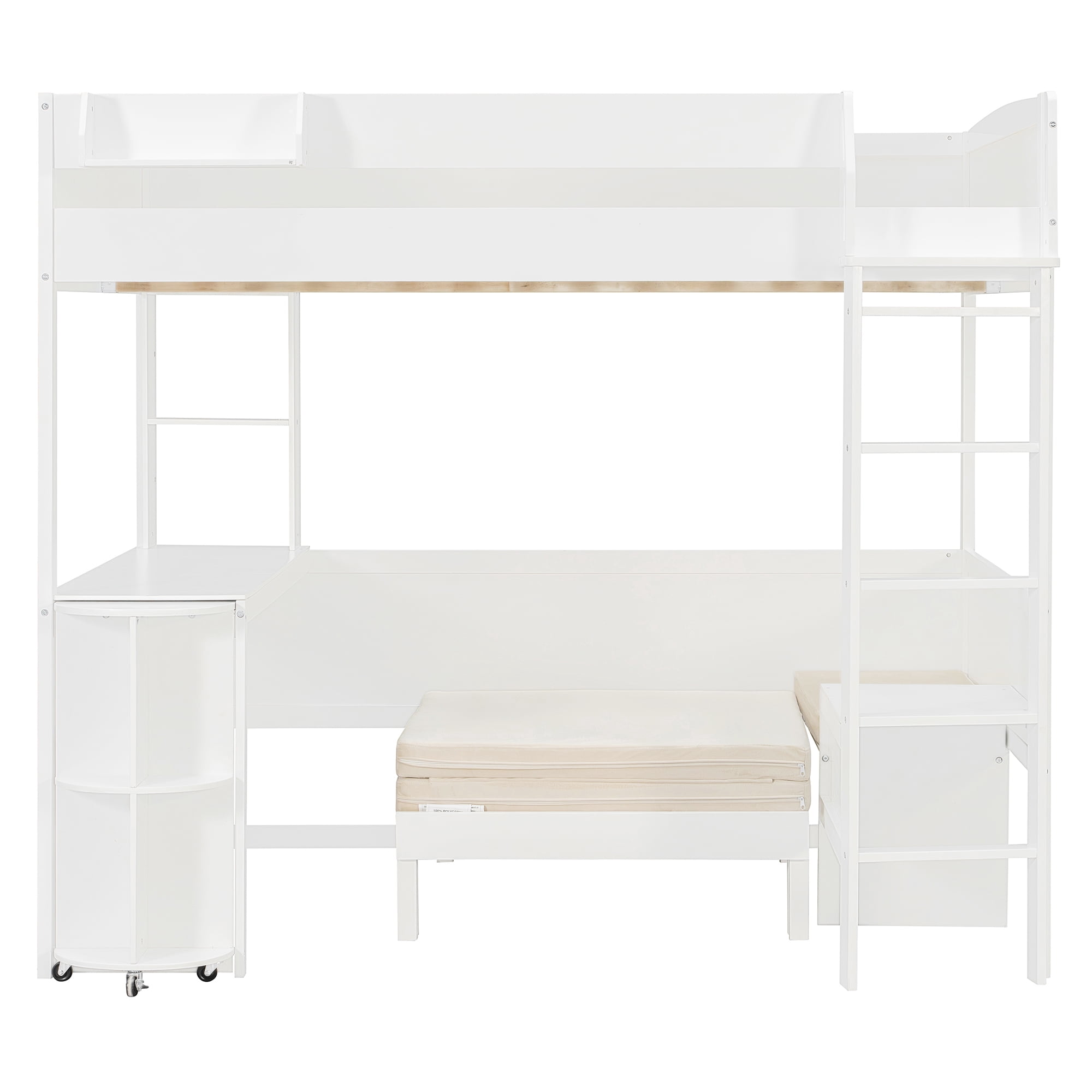 Mintazer Full Size Loft Bed with Desk, LED Light, Bedside Storage Shelf & Sofa Bed Space Saving for Apartment, Bedroom, White
