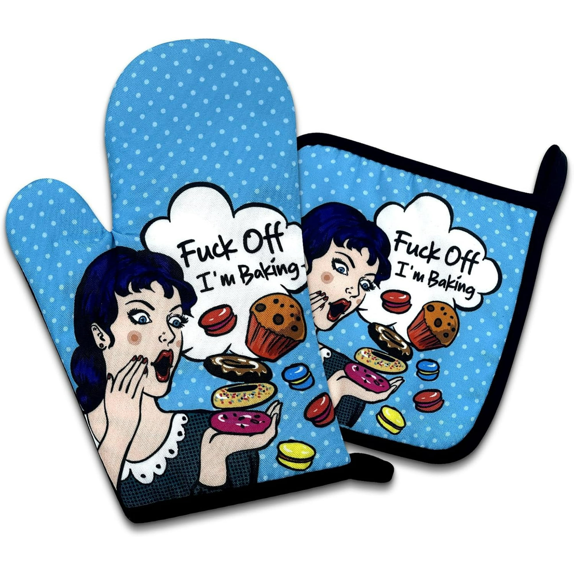 Funny Oven Mitts & Pot Holders Set - Heat Resistant With Sarcastic Baking Quote & Non-Slip Grip