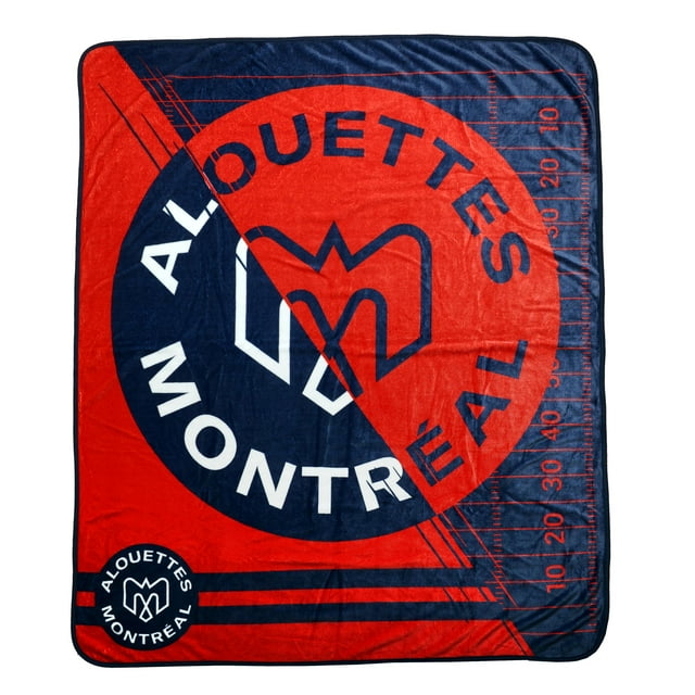 Red and navy blue Montreal Alouettes CFL throw blanket featuring the team's circular logo with text and football field markings, measuring 50 by 60 inches.