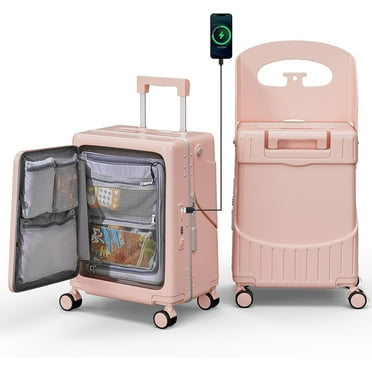 20" Hardshell Carry On Suitcase with Child Seat, Black Travel Luggage with Front Compartment & 4 Lockable Spinner Wheels, TSA Lock, USB Port, Luggage Cover, Safty Seatbelt