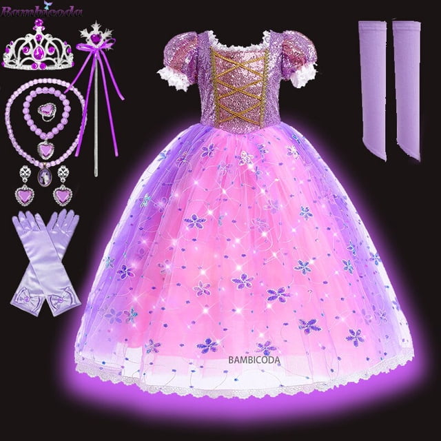 Vestido de princesa Rapunzel para niños, disfraz enredado con luz LED para cumpleaños, Carnaval, fiesta de Halloween, ropa de fantasía para niñas Fivean unisex