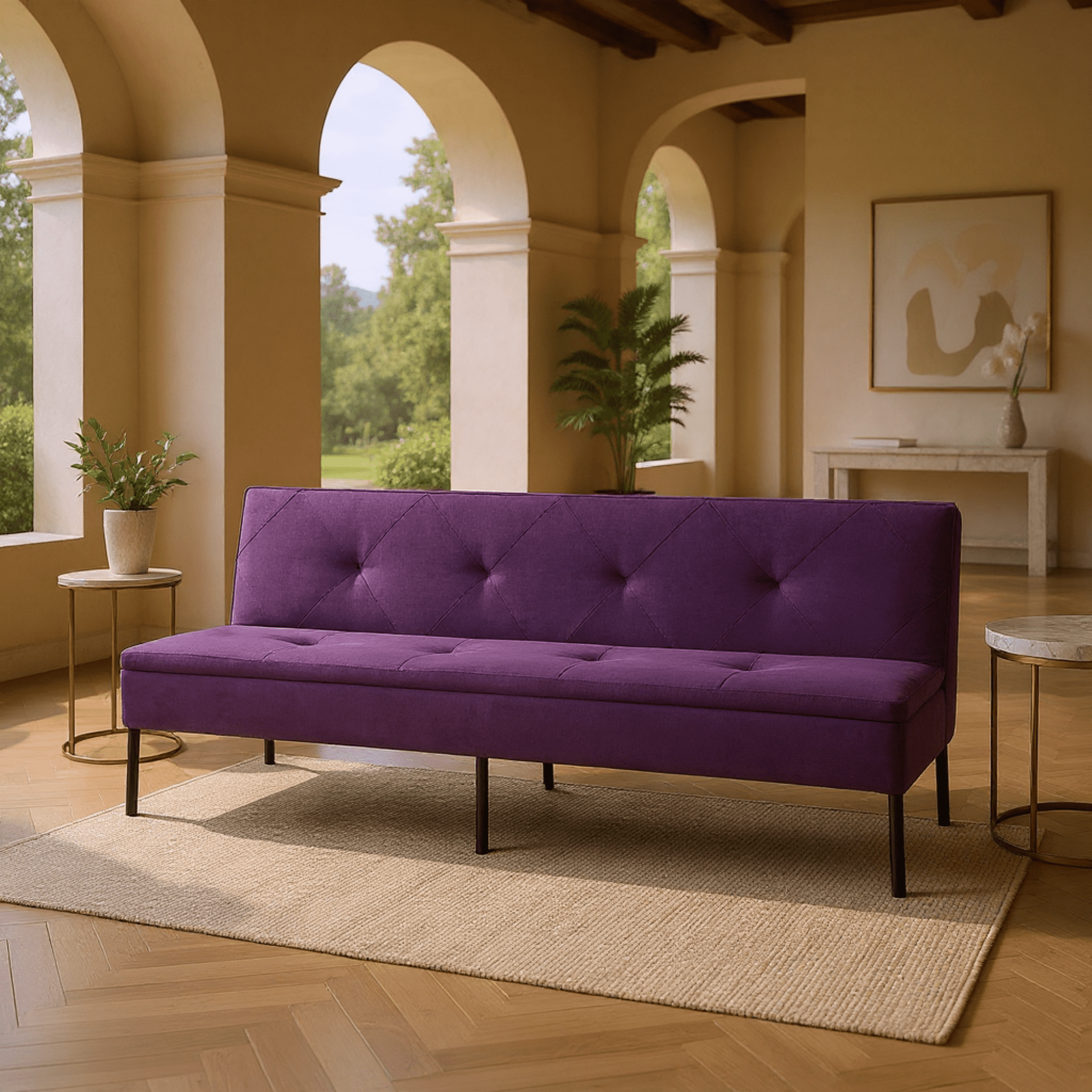 Gewnee 63" Modern Convertible Futon Sofa Bed, Pull-Out Sleeper with Adjustable Backrest(Purple)