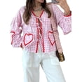 thumbnail image 2 of Yunliwuli Women's Plaid Print Shirt Long Sleeve V-Neck Bow Tie-Up Front Ric Rac Trim Loose Blouse, 2 of 9