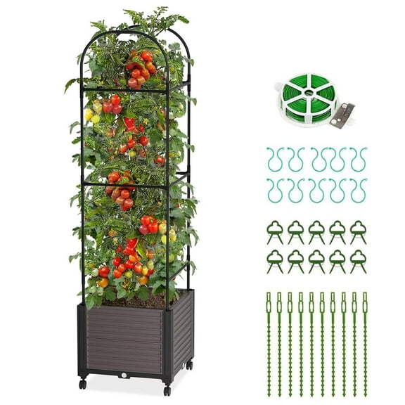 NAIZEA Raised Garden Bed Planter Box with Wheels, Tomato Cage Planter Raised Garden Bed with Trellis for Climbing Vegetables Plants Tomato Cage, Indoor Outdoor Use
