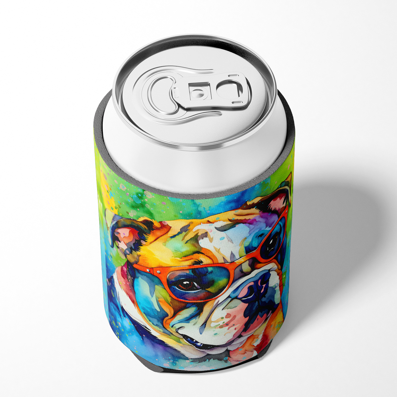 English Bulldog Hippie Dawg Can or Bottle Hugger 3 in x 5 in