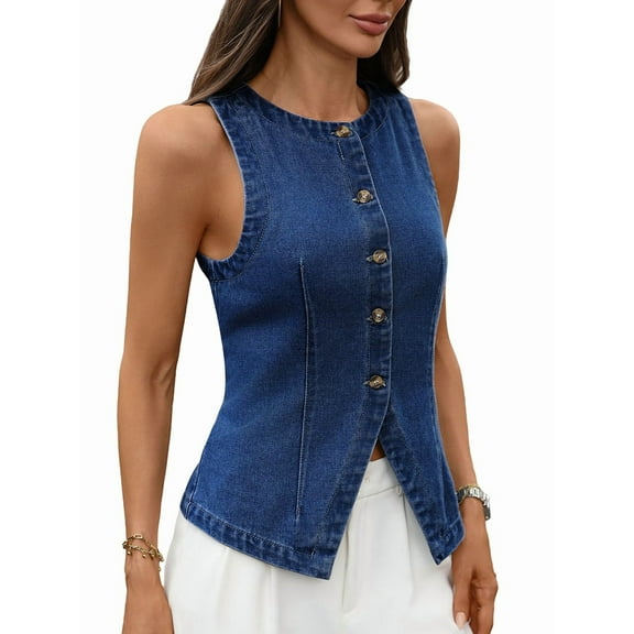 Denim Vest for Women Sleeveless Strechy Jean Vest Top Button Down Crewneck Casual Summer Western Waistcoat L