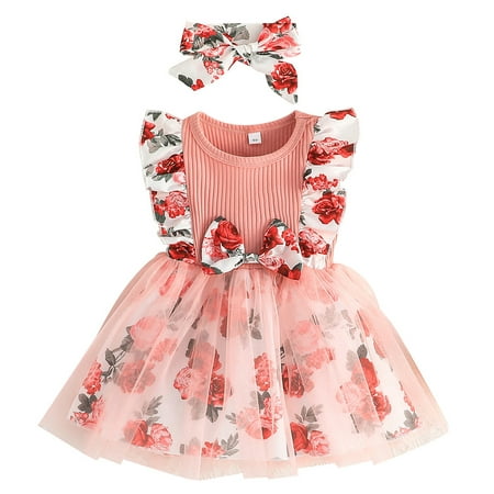 

MAMOWEAR Toddler Baby Girl Tulle Tutu Dress Sleeveless Rose Floral Print Princess Dresses Sundress + Headband Pink 3-4T