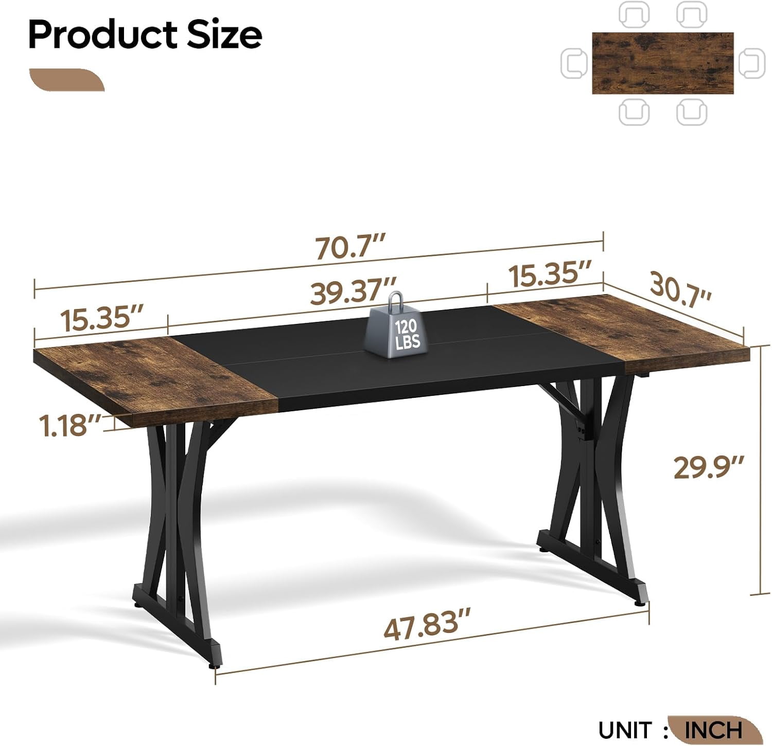 70-Inch Large Executive Desk with Thickened Desktop, Wood and Metal Conference Table for Home Office, Rustic Brown
