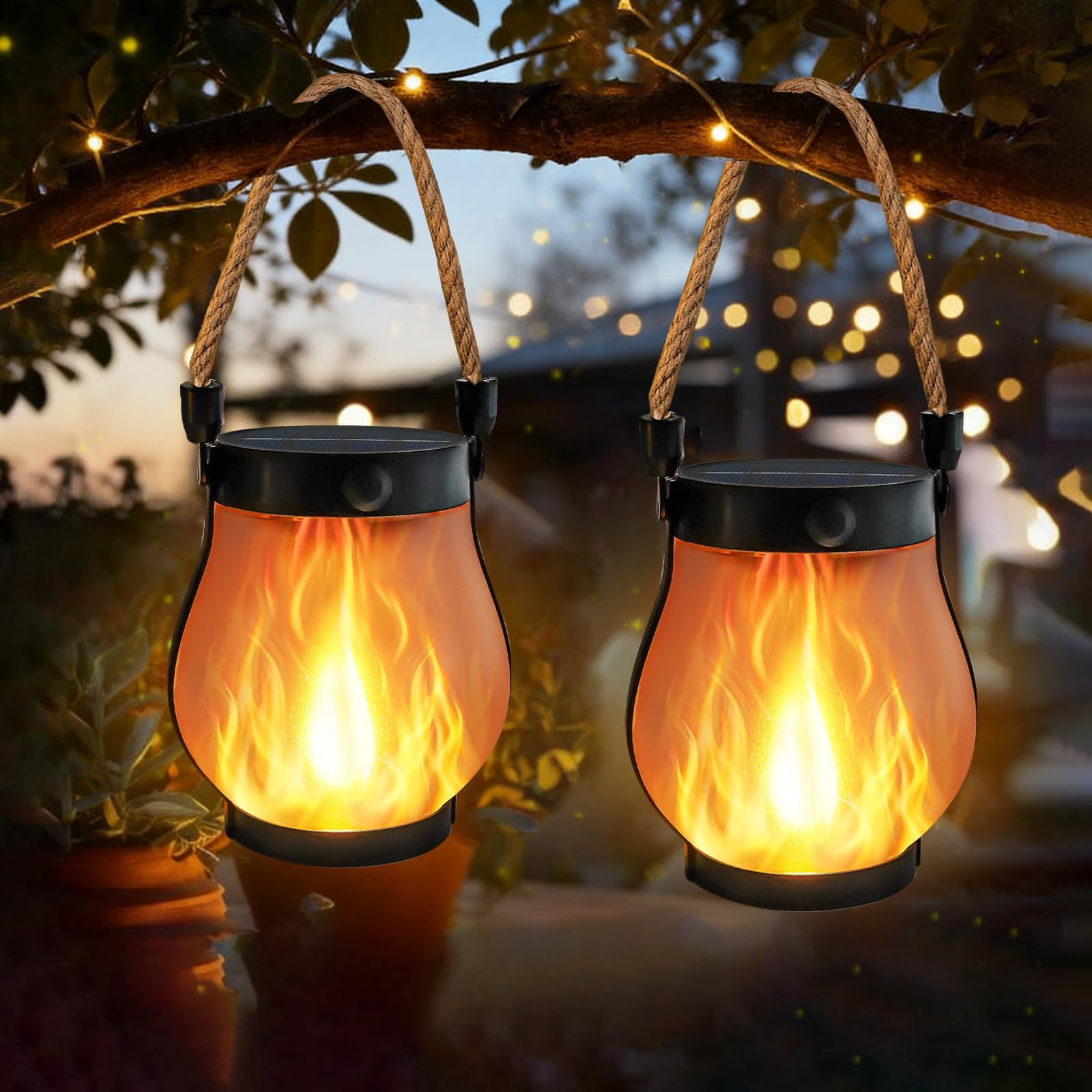 4 Pack Gen2 Solar Lanterns Outdoor Waterproof, Solar Lantern with Dancing Flame, 2 Lighting Modes, Dual Charging USB & Solar, Solar Outdoor Lights with Rope Handle for Camp Garden Tree Tabletop Decor