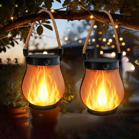 4 Pack Gen2 Solar Lanterns Outdoor Waterproof, Solar Lantern with Dancing Flame, 2 Lighting Modes, Dual Charging USB & Solar, Solar Outdoor Lights with Rope Handle for Camp Garden Tree Tabletop Decor