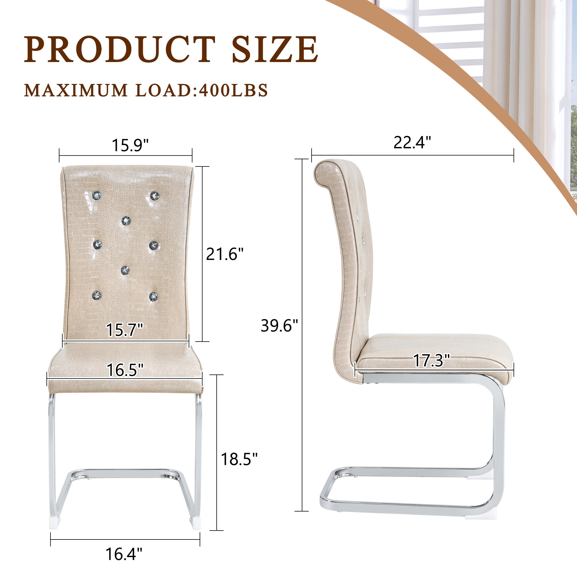 Aukfa Modern Dining Chairs Set of 2 , 400 lbs Heavy-Duty Faux Alligator Leather Kitchen Chairs with Crystal Button Tufted High Back,Beige