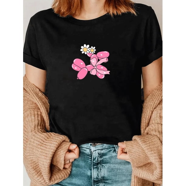 Stretchy 100% Cotton Women's Valentine's Day Casual T-Shirt - Lightweight, Loose Fit with Pink Bow & Flower Design, Short Sleeve, Round Neck, Perfect for Summer Tee For Adult, Men, Women, Teen, Teena