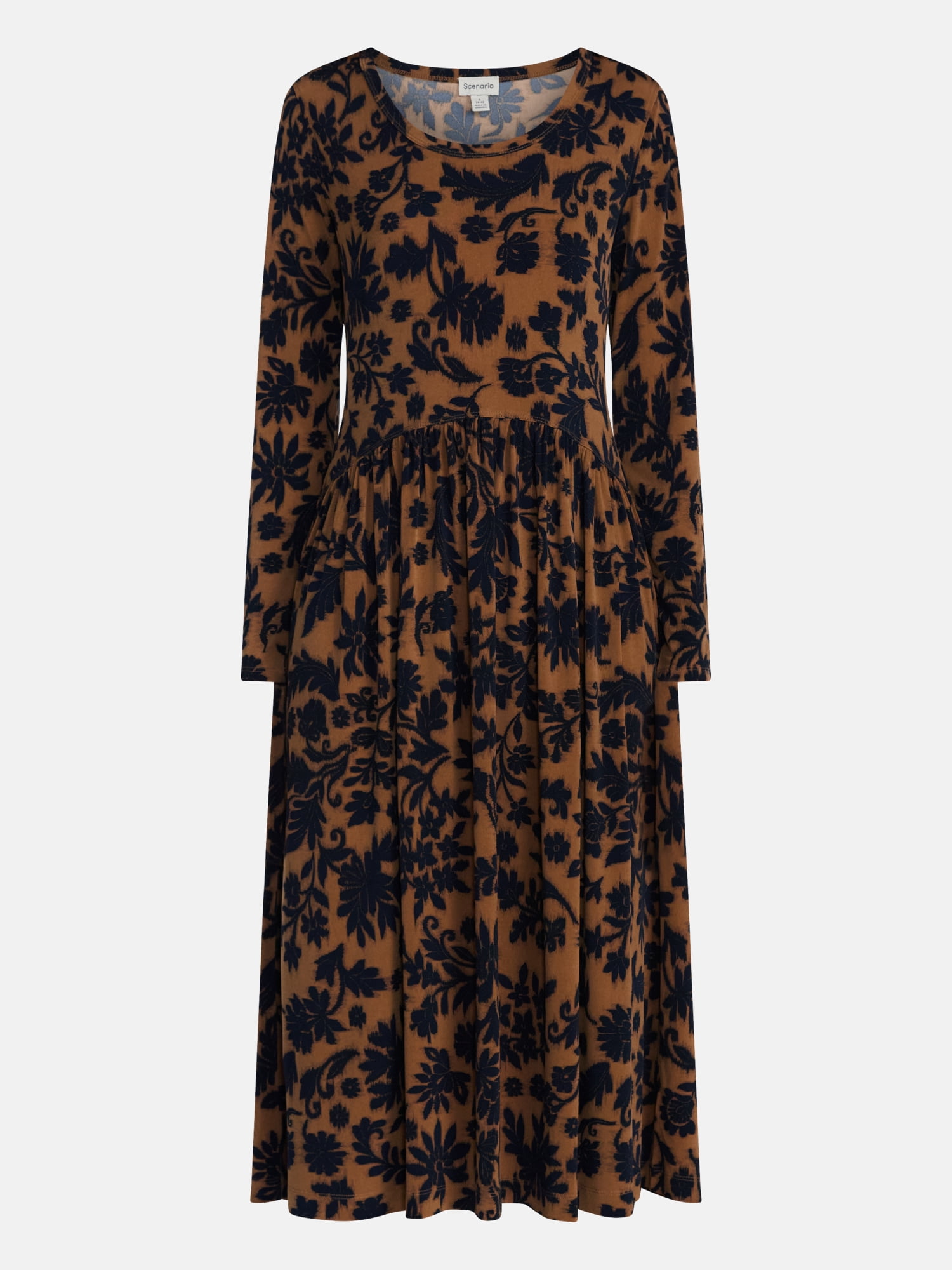 Scenario Women's Scoop Neck Midi Dress with Long Sleeves, Sizes XS-XXXL