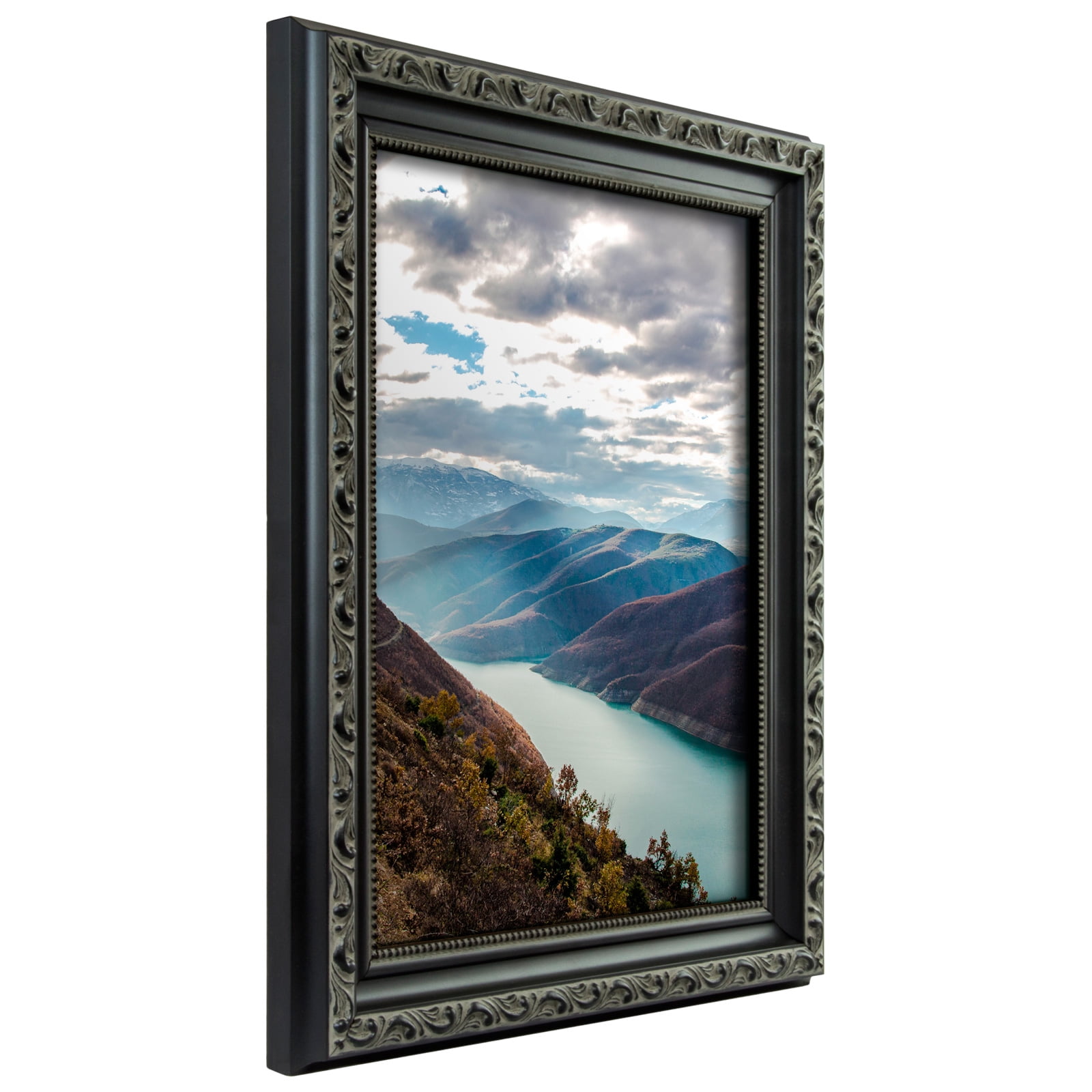 Craig Frames Ancien Ornate, 18x24 inch Antique Black Picture Frame Matted for a 12x18 Photo