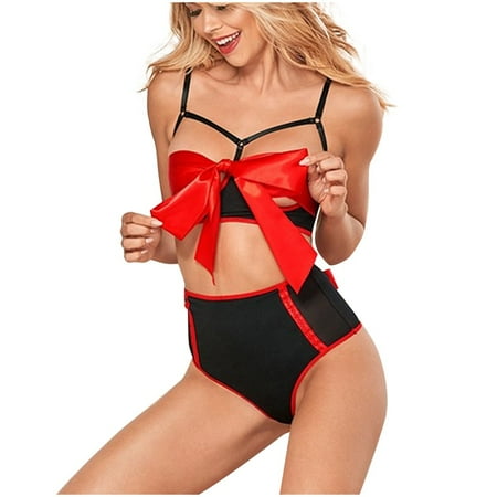 

Hollow Pajamas Panties Lingerie Sleepwear Set Red Underwear Christmas