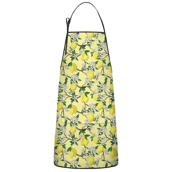 Yellow Lemon Fruit Flowers Yellow Pattern Apron-Garden Aprons for Women with Pockets-Cotton Linen Waterproof Kitchen Cooking Gardening Aprons Adjustable for Kitchen,Cooking,BBQ and Salon 33x27 Inch