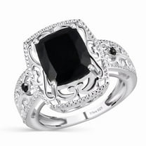 Black Tourmaline Ring Birthstone Jewelry in Stainless Steel - Statement Rings for Women Size 8 - Vintage Engagement Gemstone Birthday Christmas Gifts